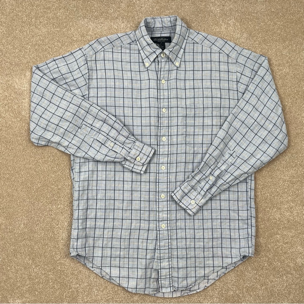 Brooks Brothers Shirt Adult Small Blue Check Button Up Irish Linen Preppy Men